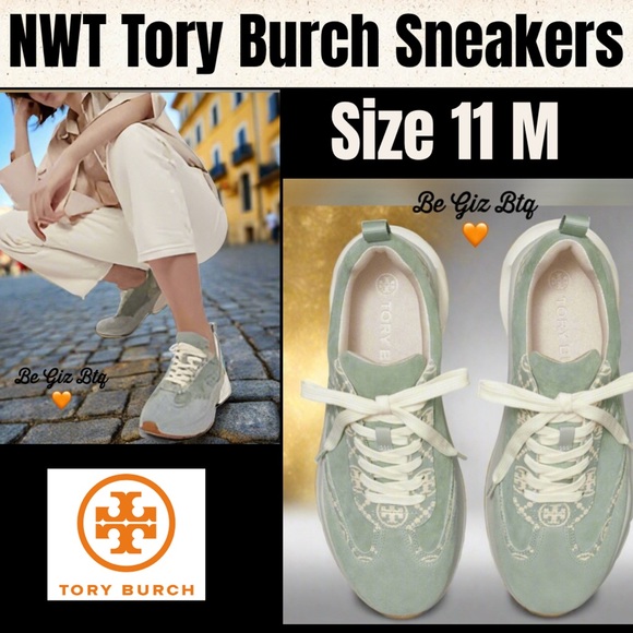 Authentic Tory Burch T Monogram Good Luck Sneakers Size 11MBlue Celadon /Cream